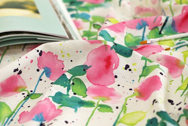 Watercolor pink floral linen fabric by TheSuziB