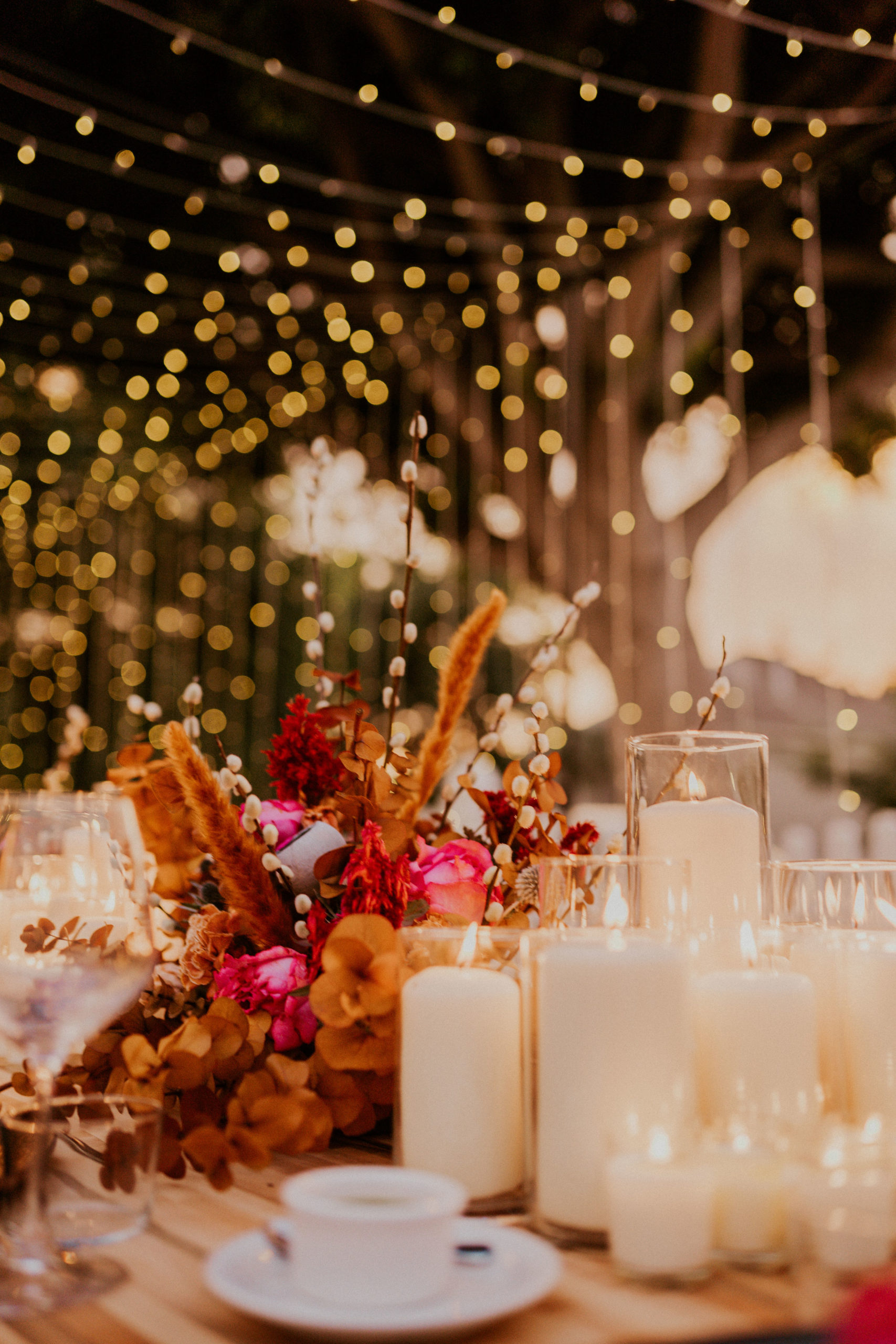 wedding tablescape with bokeh