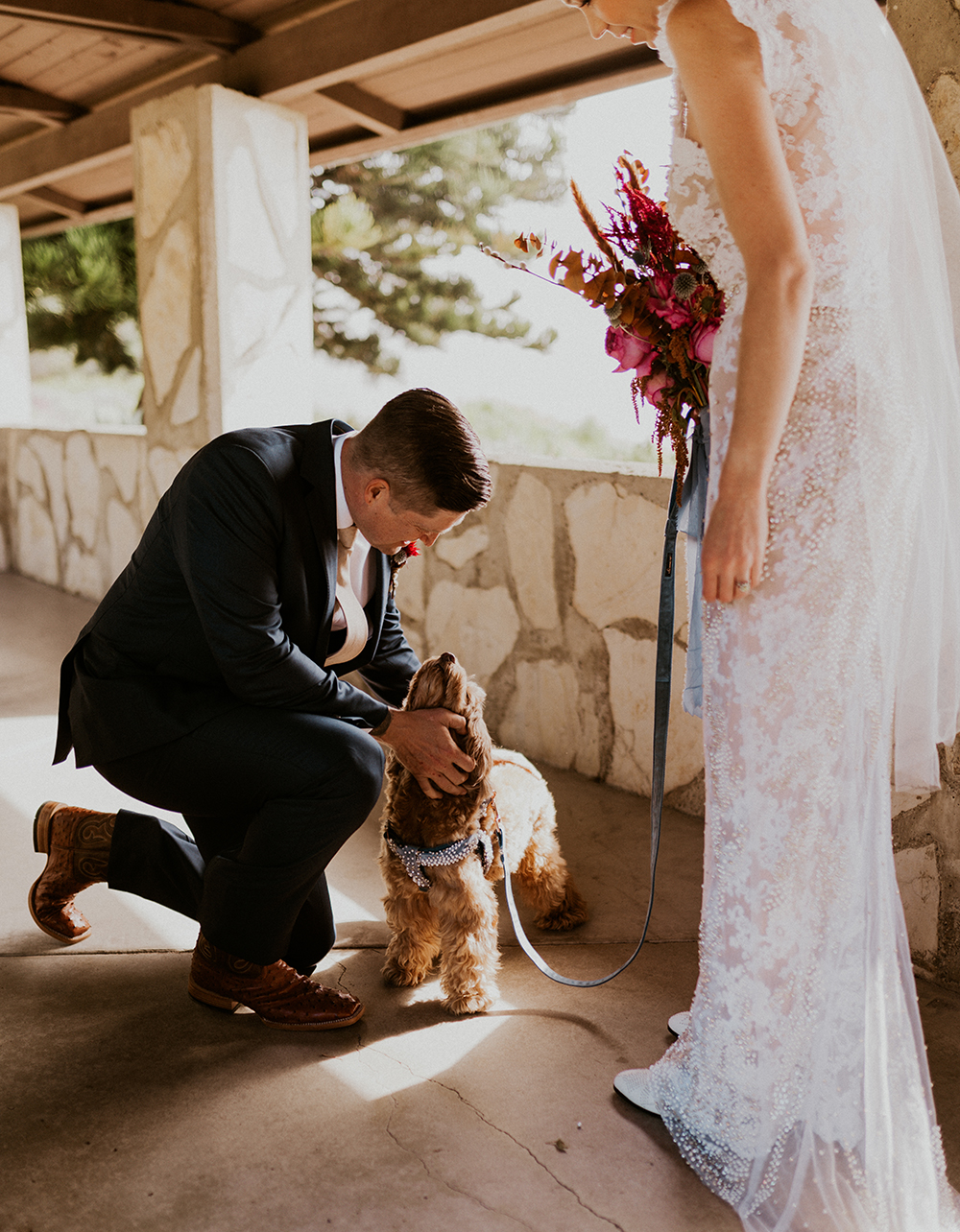 first look bride and groom and dog