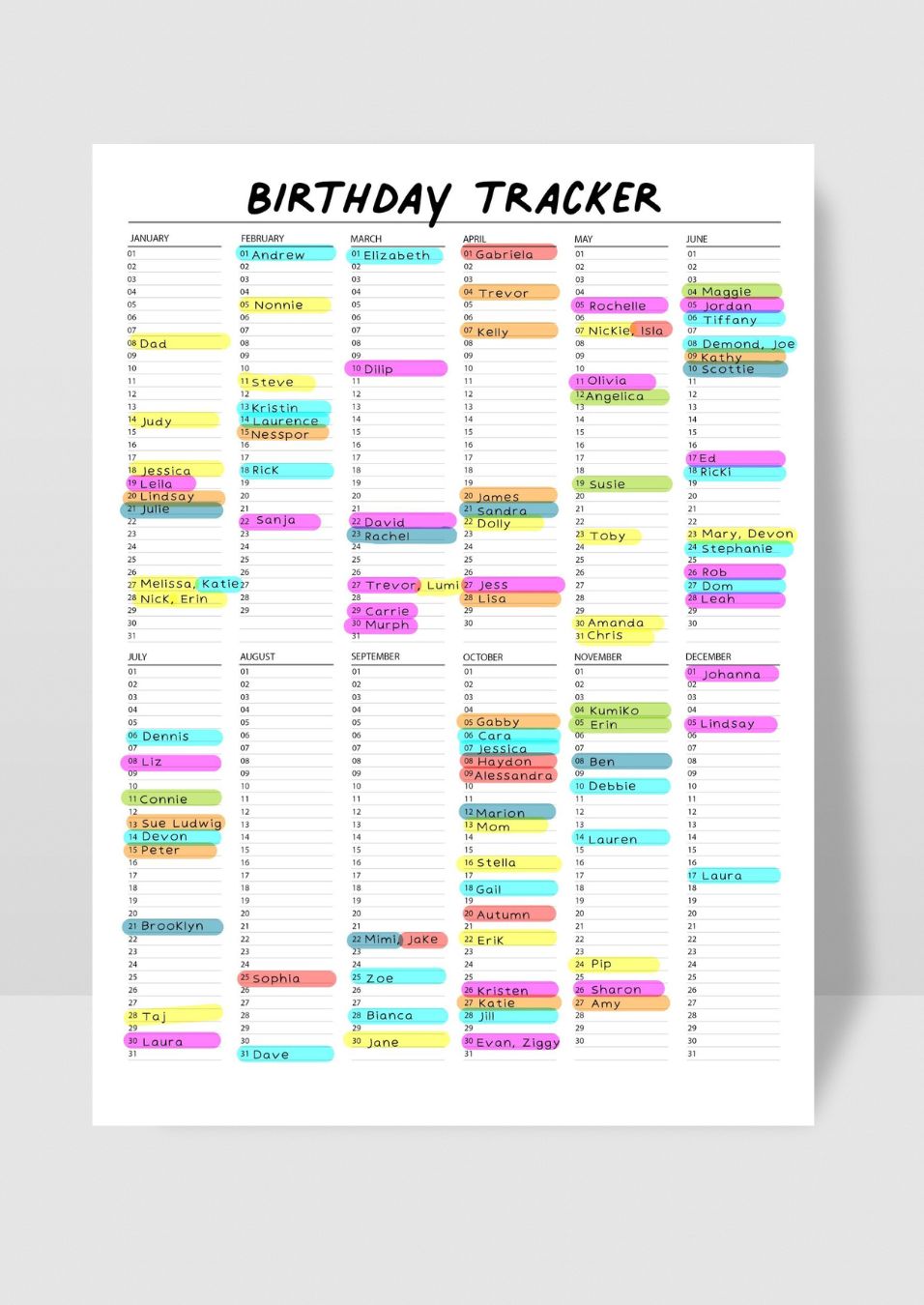 birthday tracker printable