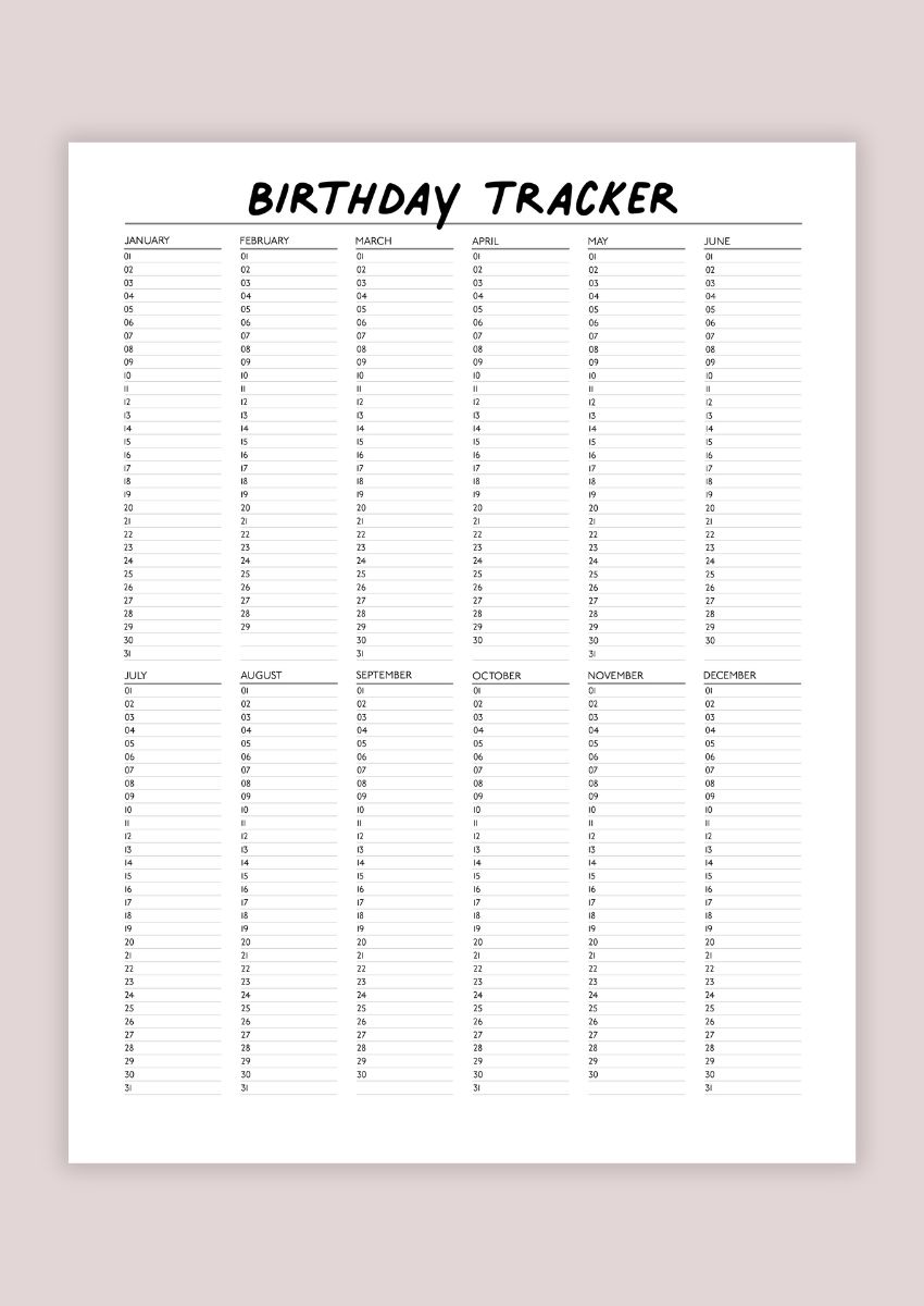 birthday tracker printable